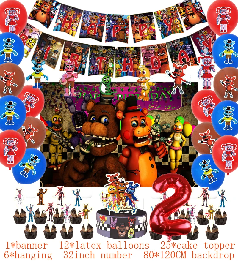 Five Nights at Freddy Party Supplies, Birthday Banner, Hanging Swirls, Cake Topper, Cupcake Toppers, Balloons, Backdrop, Five Nights at Freddy Party