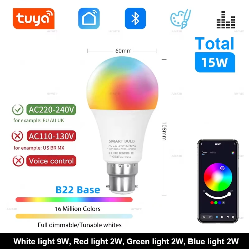 Tuya Bluetooth LED 電球調光可能 15 ワット 18 ワット E27 B22 220V RGBCW 色変更ランプスマートライフ APP グループ制御音楽リズムタイミング