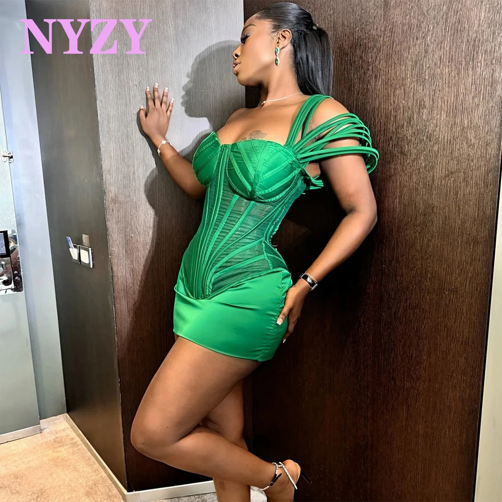 NYZY C390 Emerald Green Satin Stripes Mini Party Cocktail Dresses Date Prom Birthday Homecoming Gowns
