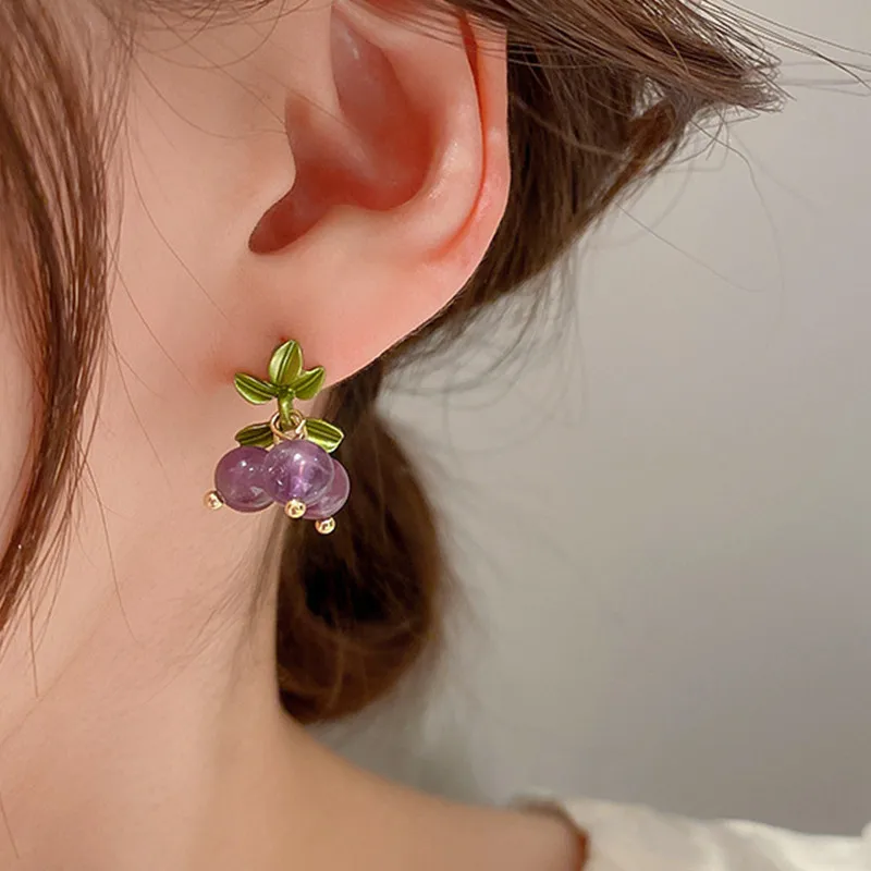 Vintage Crystal Grape Leaf Earrings Sweet Reflective Smooth Irregular Geometric Ball Fruit Drop Earrings dangle earrings drop earrings crystal earrings fruit design earrings for Women