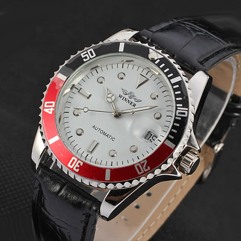 T-WINNER Watch Men Unique Rotating Bezel Sports Watches Leather Band Auto Date Automatic Self Wind Mechanical Wristwatches Men