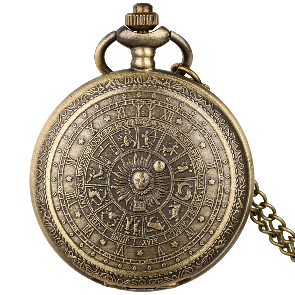 

12 Constellations Bronze Necklace Pocket Watch Retro Gift Pendant Pocket Clock Quartz Analog Antique Timepiece Men Women