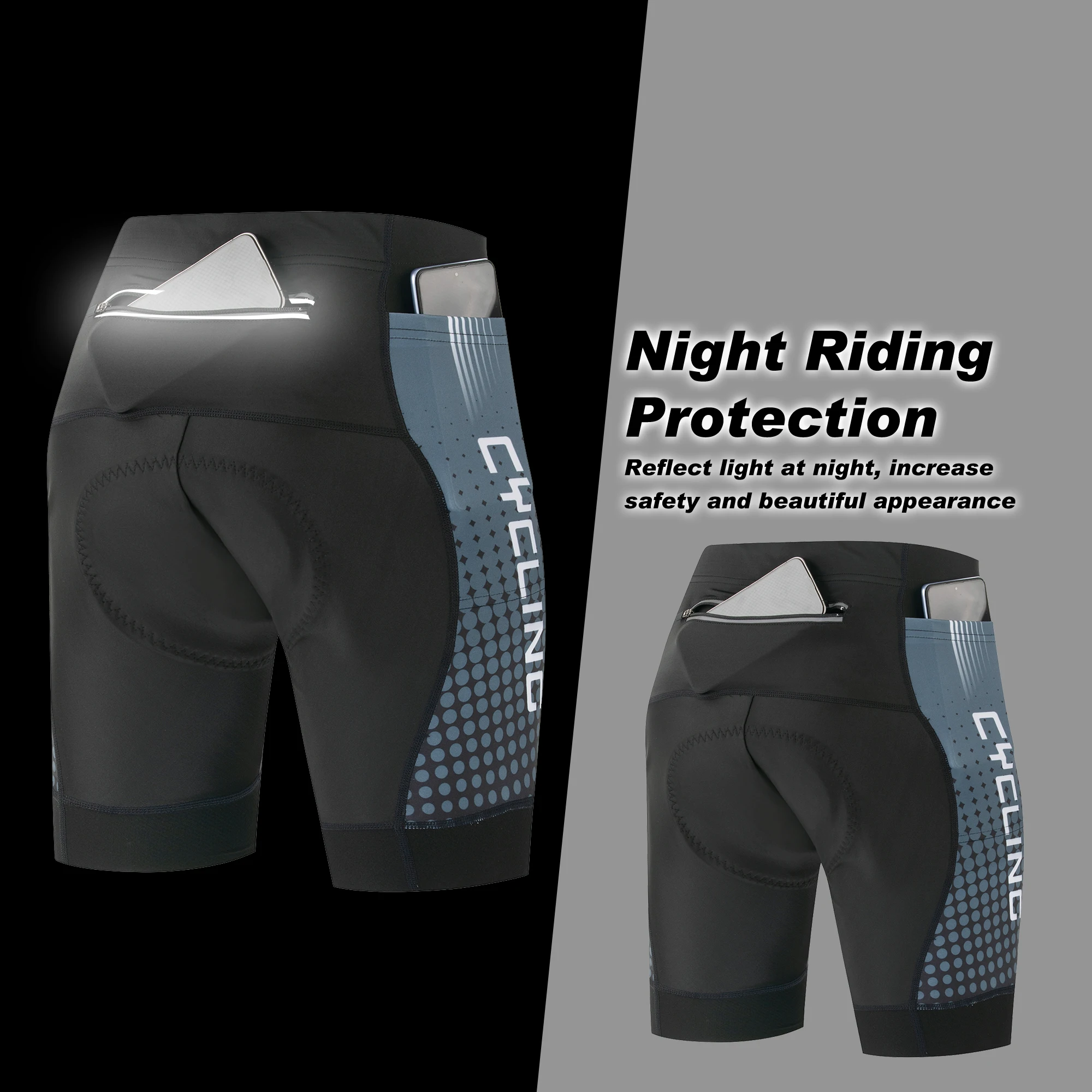 Herren-Radlerhose mit Professioneller Stoßdämpfung, 5D-Polsterung, Reflektierend, Atmungsaktiv, für Mountainbike und Rennrad, mit Rückentaschen – Detail 5