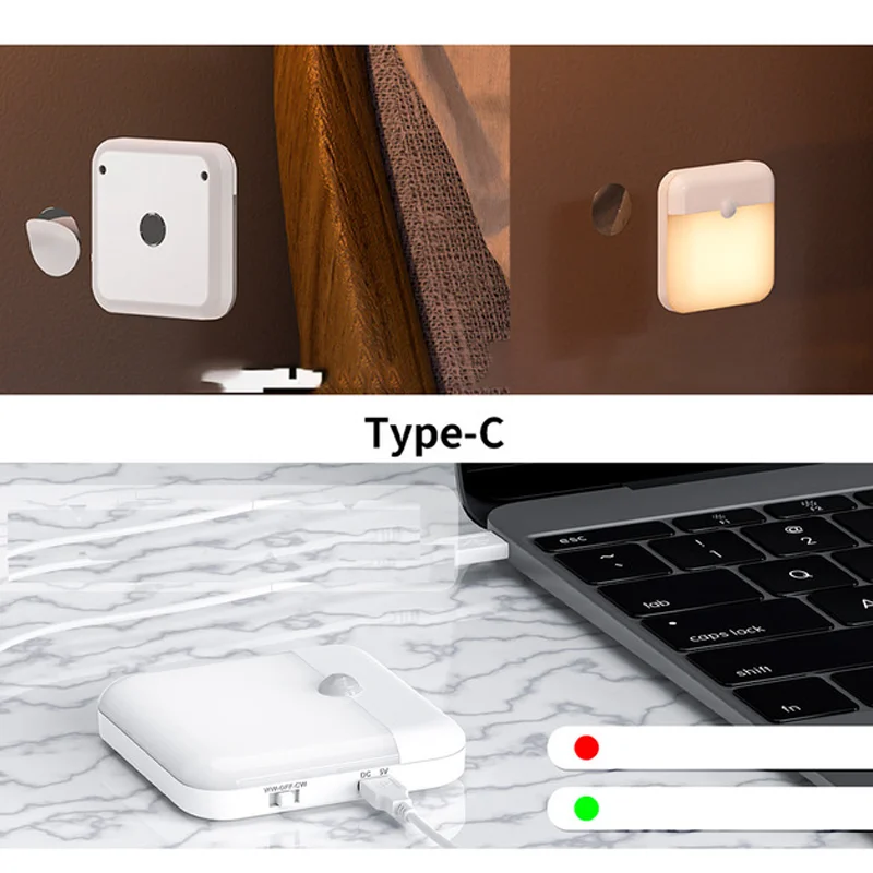 Motion Sensor Led Light Usb Charging Square Lamp for Bedroom Kitchen Stair Hallway Wardrobe Cupboard Lighting Night Lights