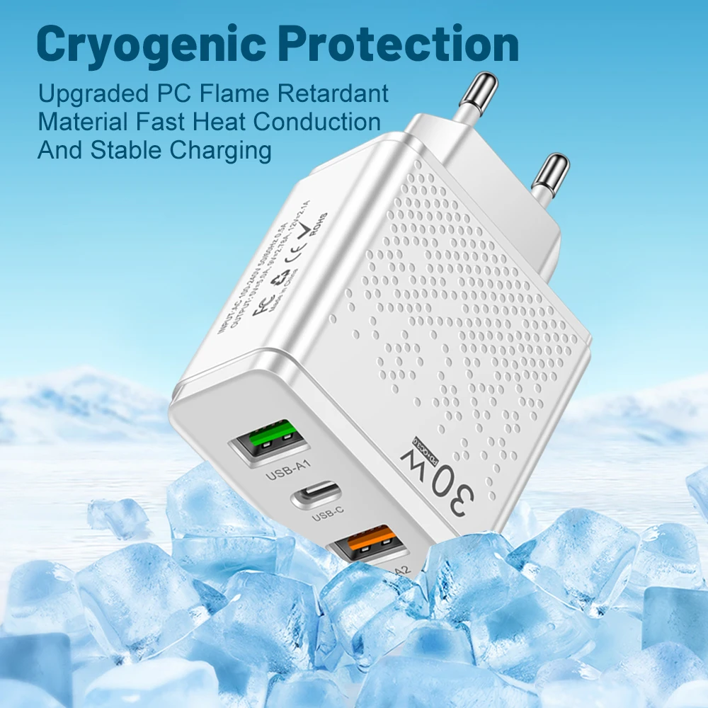 Total 30W USB C Charger Fast Charging Type C PD Phone Charger Adapter For iPhone Samsung Xiaomi QC3.0 3 Ports USB Wall Charger