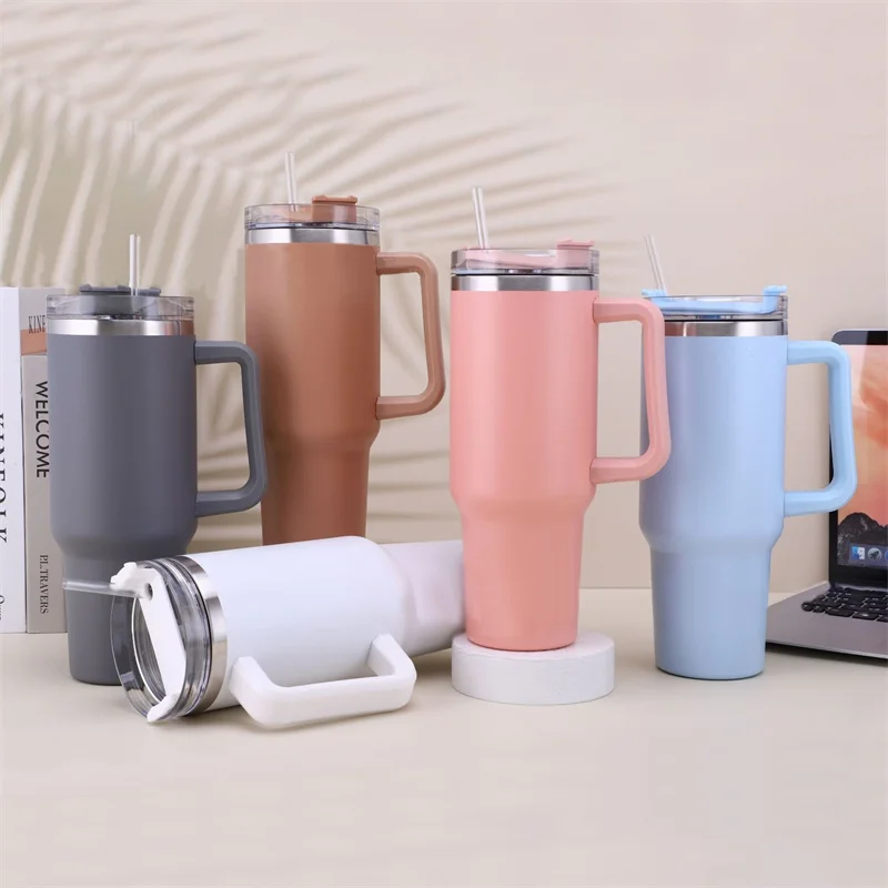 Car Tumbler Cup Tumbler with Handle 40oz Leak Resistant Lid Sealed  Stainless Steel Cup Water Bottle for Water Hot and Cold light pink