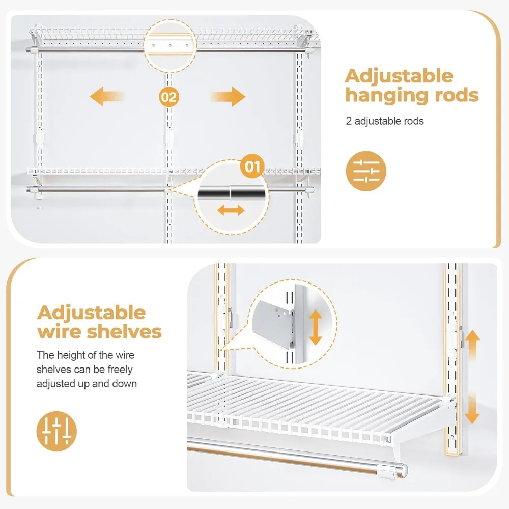 wire closet organizer system, wall mounted 6.5 ft. custom closet kit for bedrooms, adjustable storage shelves for clothes, shoes