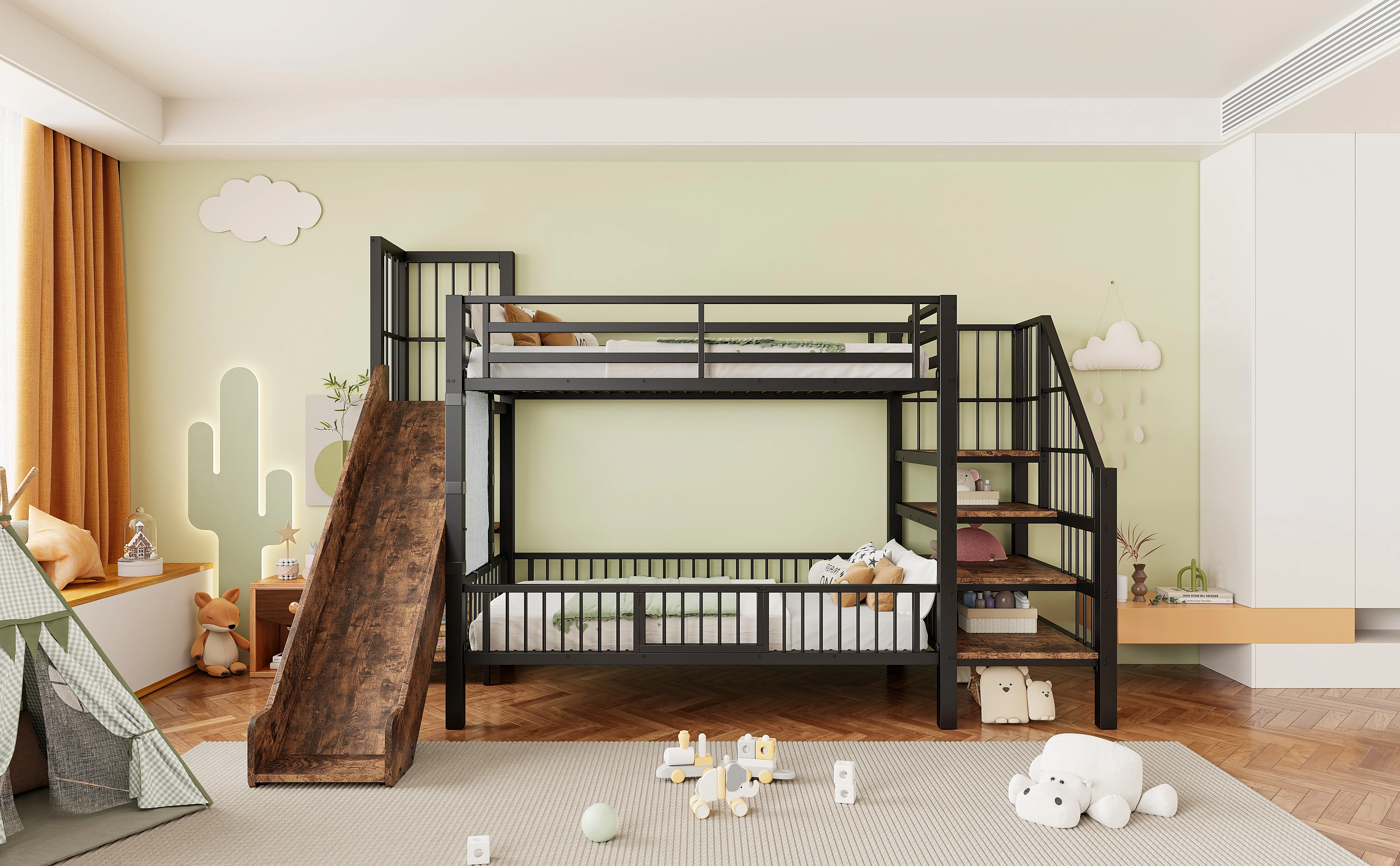 90*200cm Metal Bed for Children, with Slide and Storage Staircase, Bunk Bed with Protective Lattice Door, Integrated Shelves