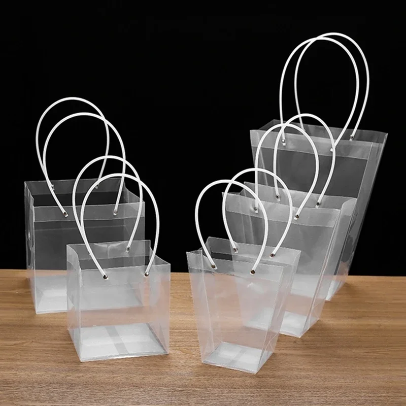 10pcs PVC Transparent Portable Flower Packaging Bag Square Trapezoid Handle Festival Gift Plastic Waterproof Storage Pack Bags 2