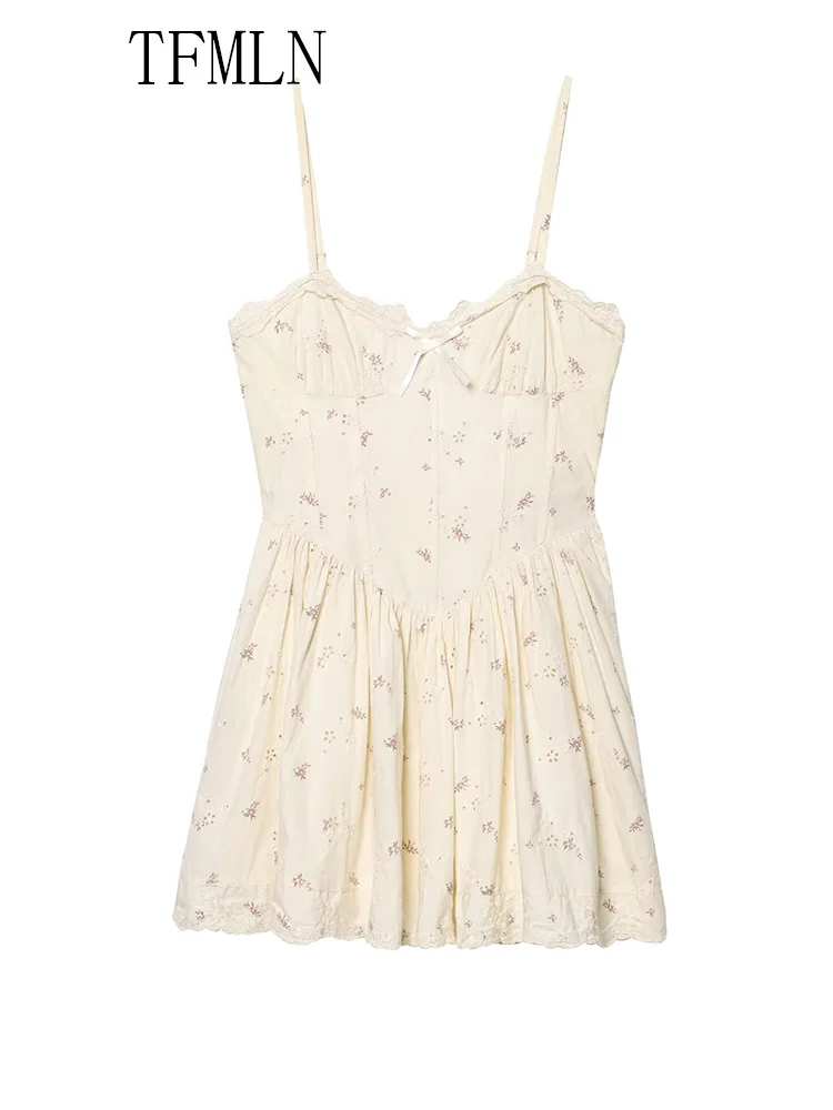 TFMLN Sweet Women Floral Printed Strap Dresses 2025 Summer Bow Sleeveless Sqaure Collar A-line Causal Dress Fashion Ladies Dress