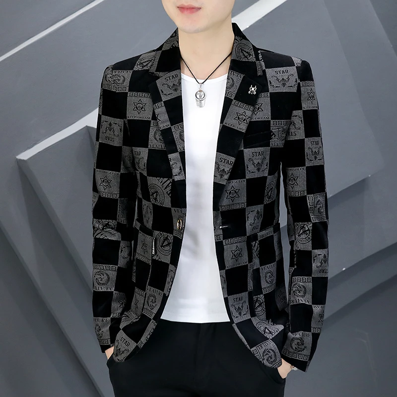 Luxury Vintage Print Men Blazers Business Casual Suit Jacket Slim Social Wedding Groom Blazer Masculino Streetwear Men Clothing men blazers