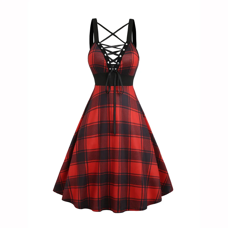 

2024 New Women's Dresses Plaid Print Lace Up Sleeveless Cami Dress High Waist Spaghetti Strap Summer Dress