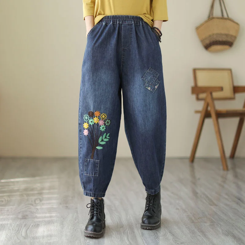 Women's Baggy Jeans Autumn Vintage High Elastic Waist Embroidered Loose Harem Trousers Women Wash Denim Cropped Pants