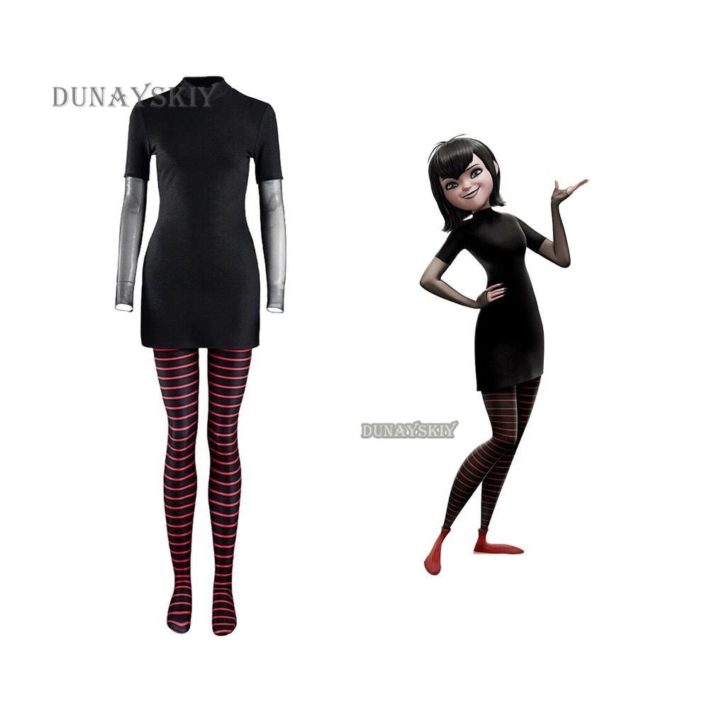 Costume Vampire Mavis Femme - Robe Noire + Cape + Leggings Rayés - Halloween Cosplay Soirée