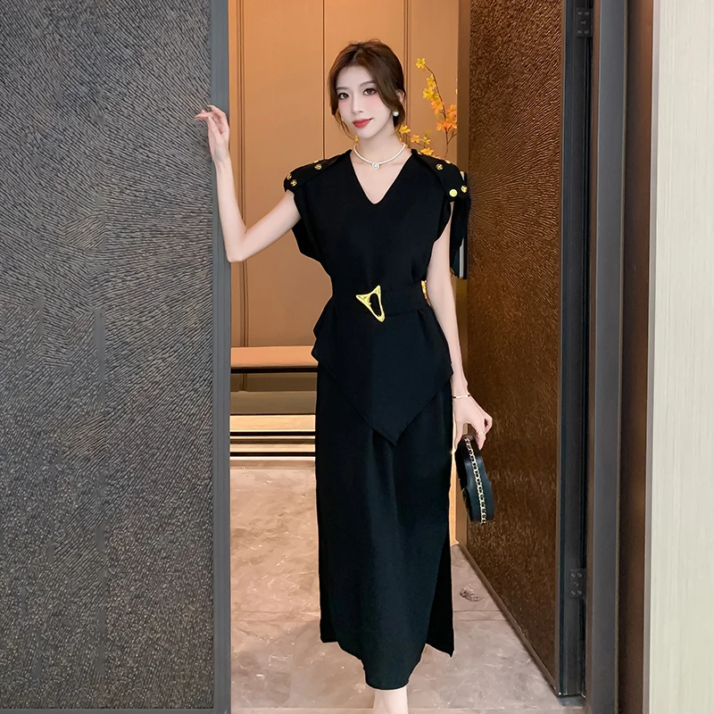 New Elegant Chic Women V Neck Black Midi Dress 2024 Fashion Summer Short  Sleeve Irregular Split Ladies Office Belt Long Vestidos - AliExpress  200000345