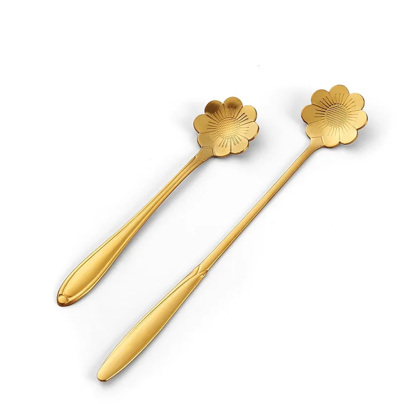 6pcs Gold Cherry Flower Stainless Steel Tea Spoons Set Coffee Honey Dessert Ice Cream Scoop Long Handle Teaspoon Cafe Tableware