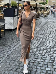 Elegant Office Lady Maxi Dress with Turn-Down Collar and Side Slit - S (Khaki)