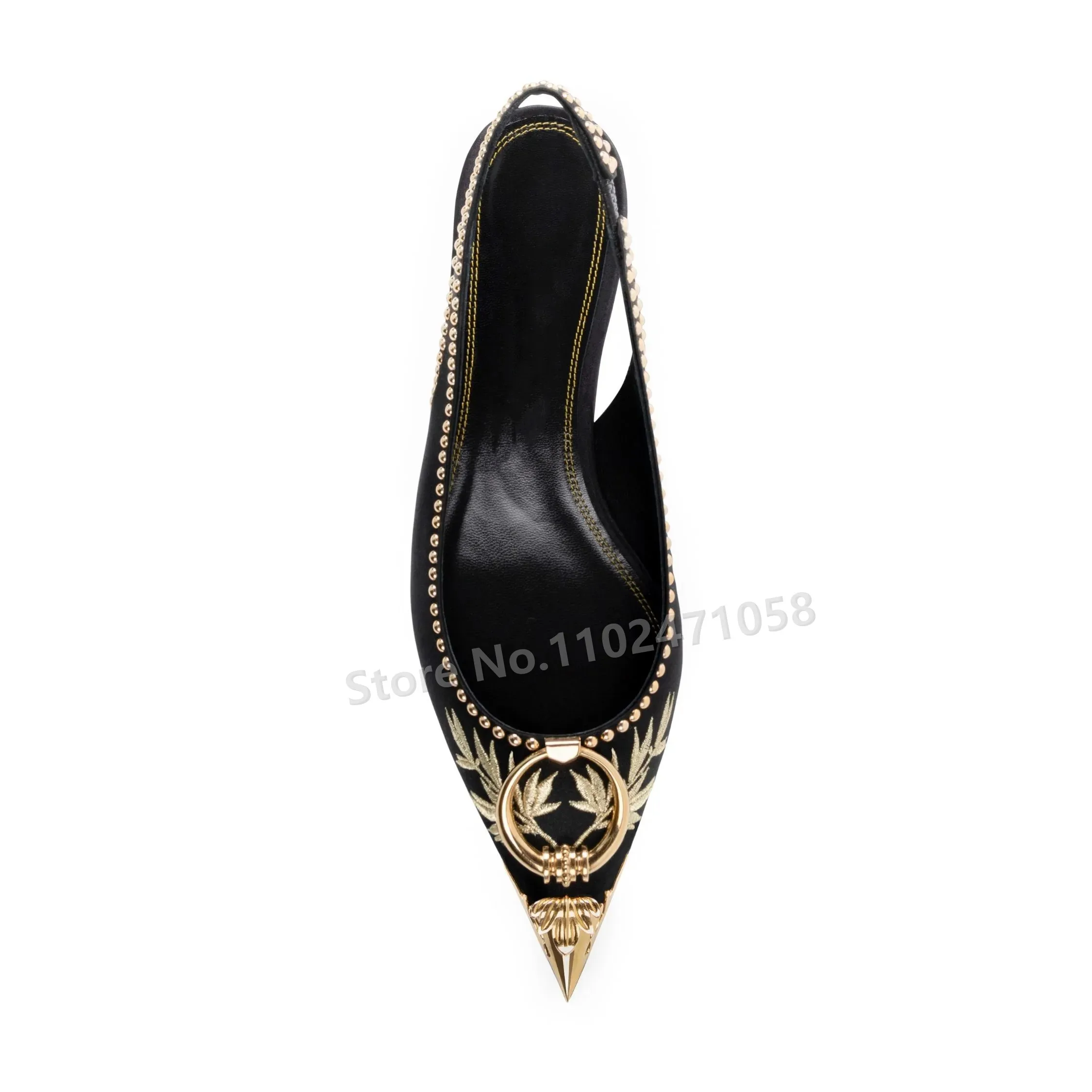 

Silk Ambroidered Retro Women Slingback Pumps Luxury Metal Decoration Pointed Toe Shallow Slip-On Bride Wedding Shoes Sandals