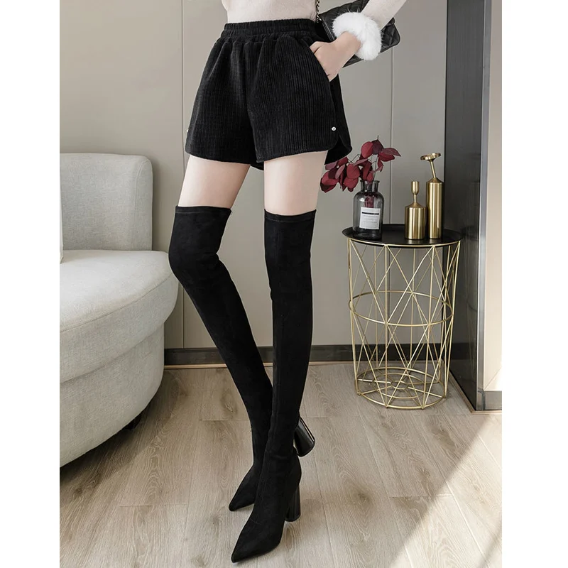 Women's Corduroy Shorts Elastic Waist Monochromatic Loose Simplicity Wide Leg Pants Casual Fashion Clothing Spring Autumn New