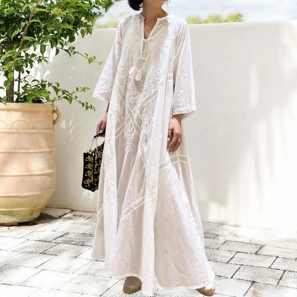 

Women Maxi Dress Women Vinatge Dress Elegant Floral Embroidered Maxi Dress with Tassel Straps V-neck Detail for Summer Vacation