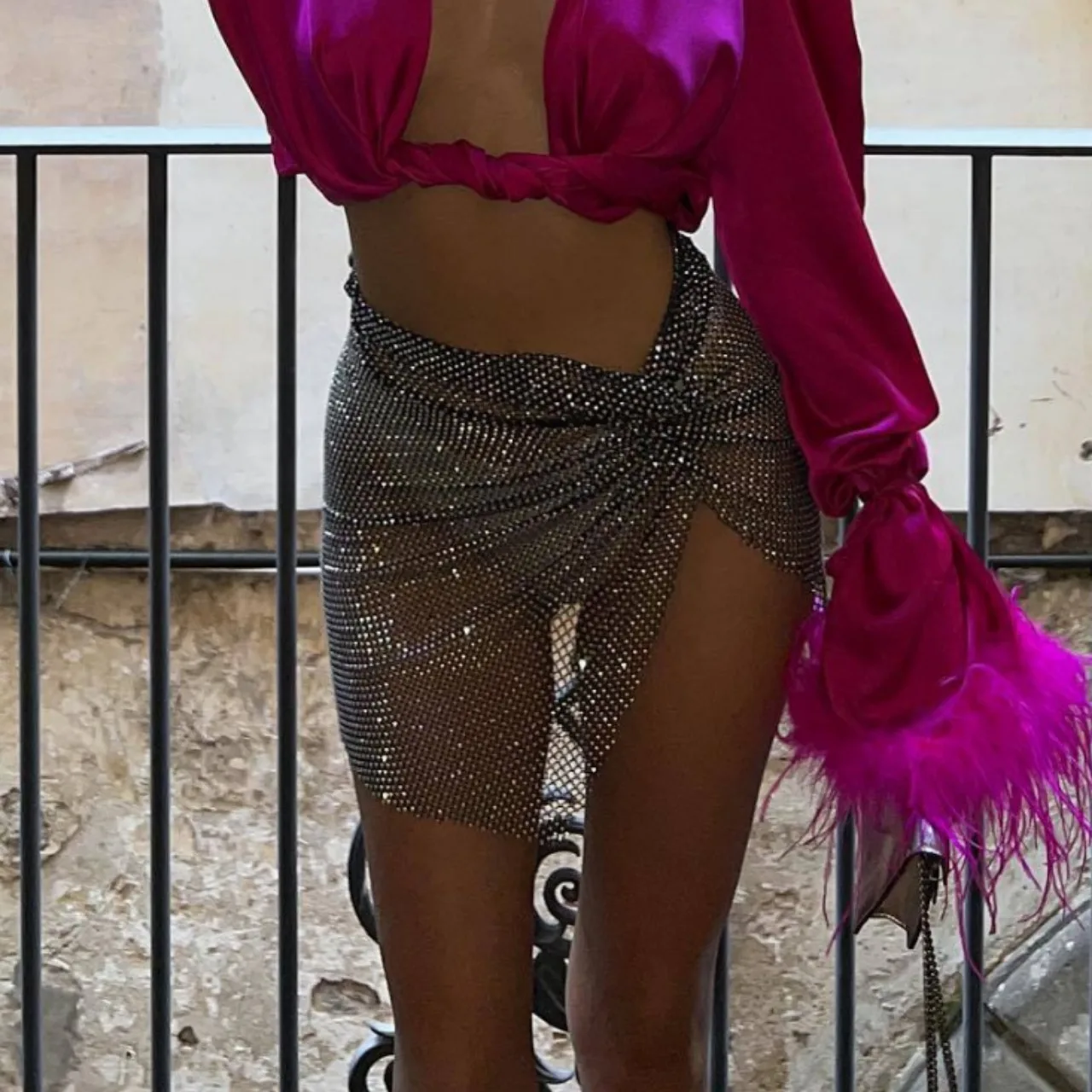 

Sexy Hollow Out Mesh Mini Skirt Glitter Rhinestone See Through Fishnet Side Split Skirt Rave Festival Nightclub Party Skirt
