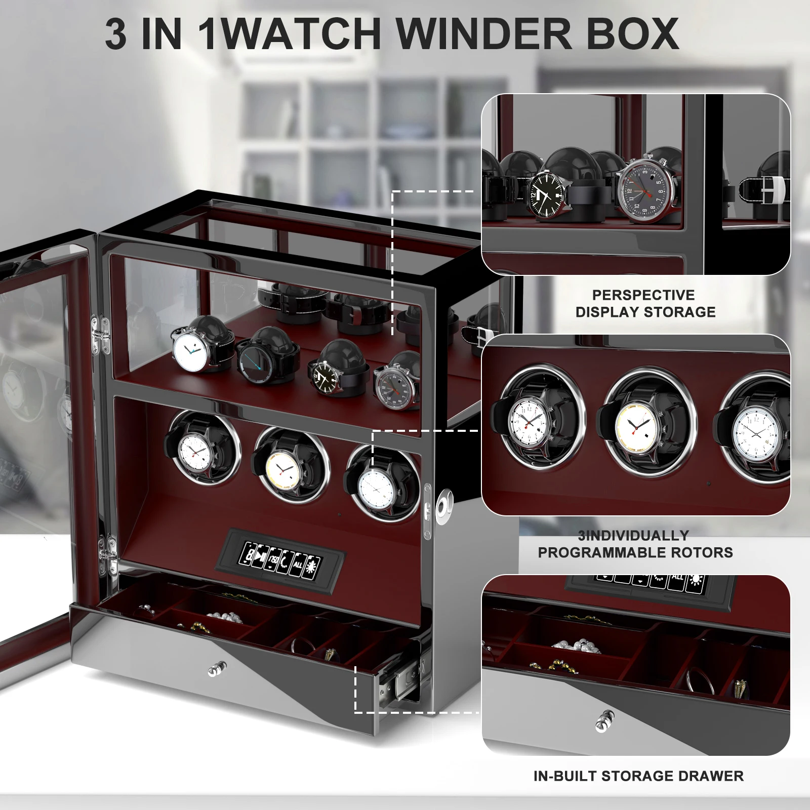 S5cfe8851e1064f19851f9a3115361730m Fingerprint Unlock Automatic Watch Winder 3 Slots Display and Jewelry Storage Drawer Remote Control Watch Safe Box