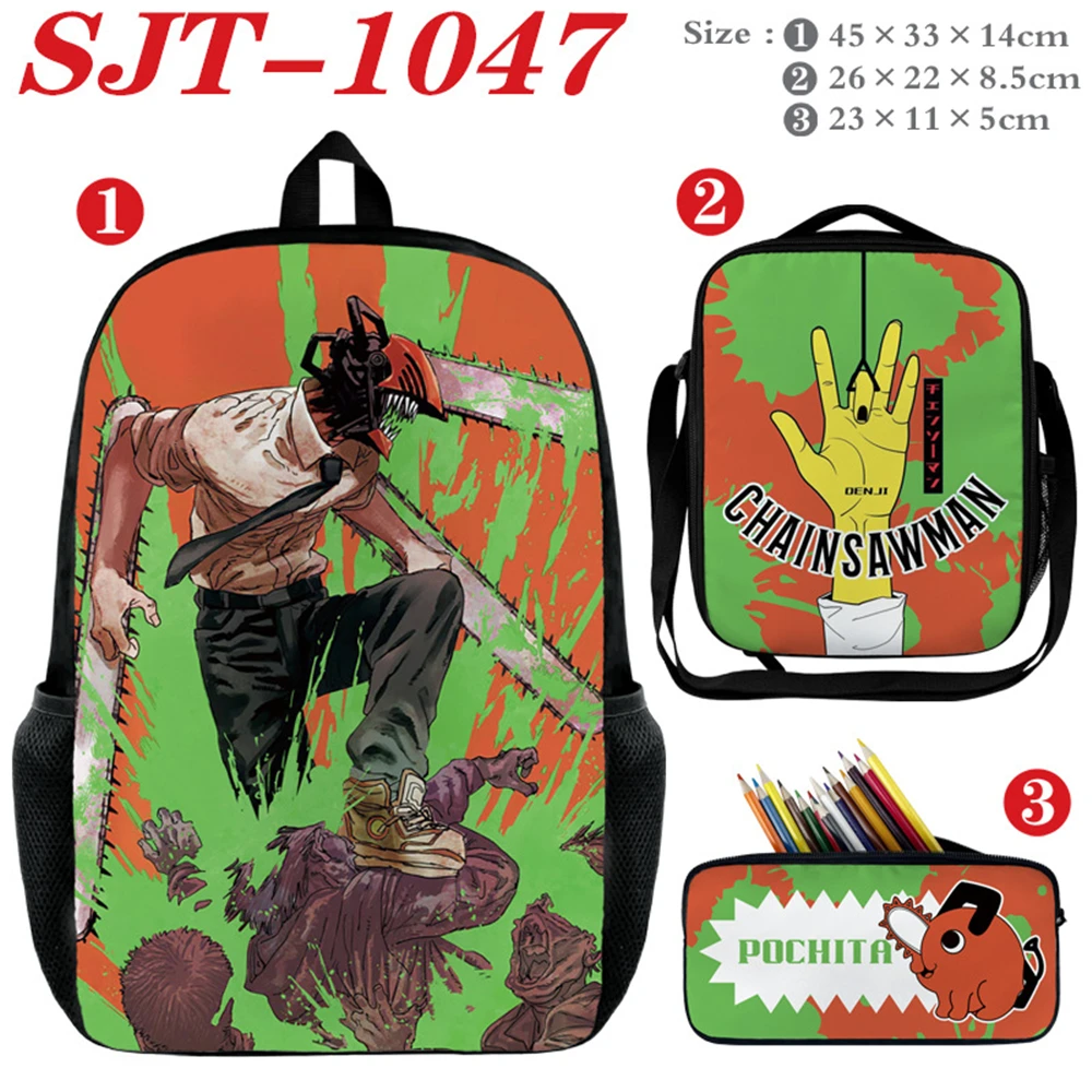 

Anime Chainsaw Man Denji Backpack Lunch Bag Pencil Case 3PCS Set Nylon Student Schoolbag Boys Girls Casual Print Zipper Bookbag