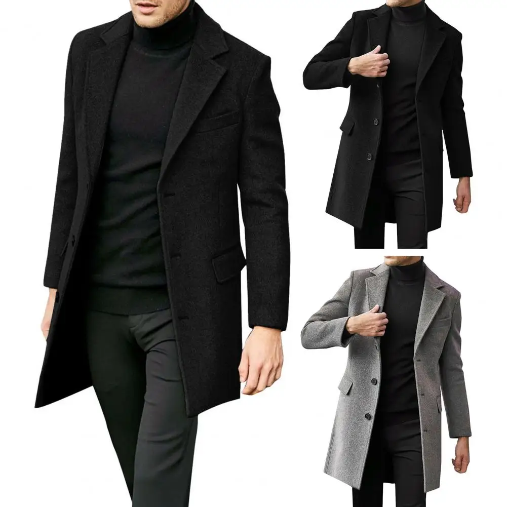 

1Pc Warm Men Winter Suit Coat Lapel Flap Pockets Long Sleeve Blazer Single-breasted Mid-length Jacket Overcoat for Daily Wear