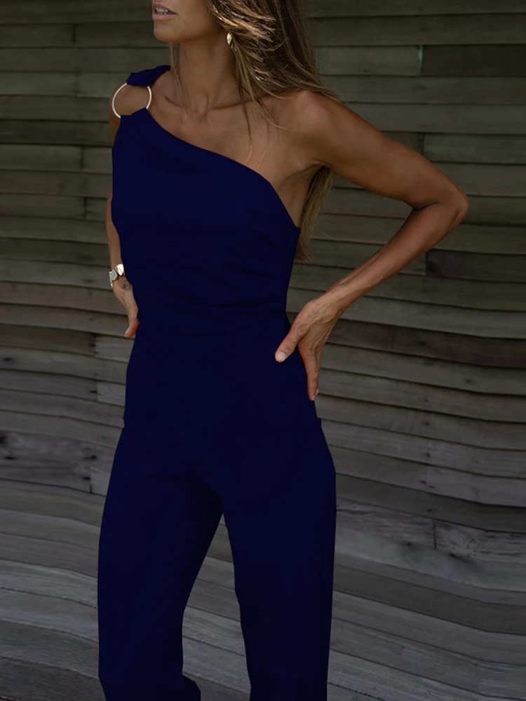 Sexy One Shoulder Backless Jumpsuit Women Summer Elegant Diagonal Collar Sleeveless Playsuits Fashion Solid Slim Ladies Rompers