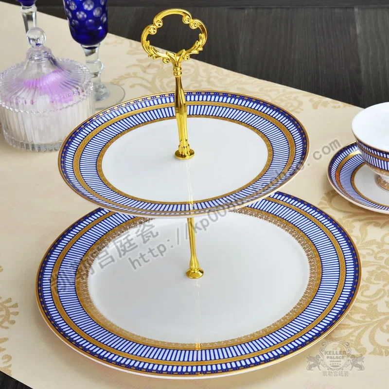 

Bone China Embossed Gold Double Layer Cake Plate Fruit Plate Dried Fruit Tray Afternoon Tea Dessert Dim Sum Plate Cake Stand