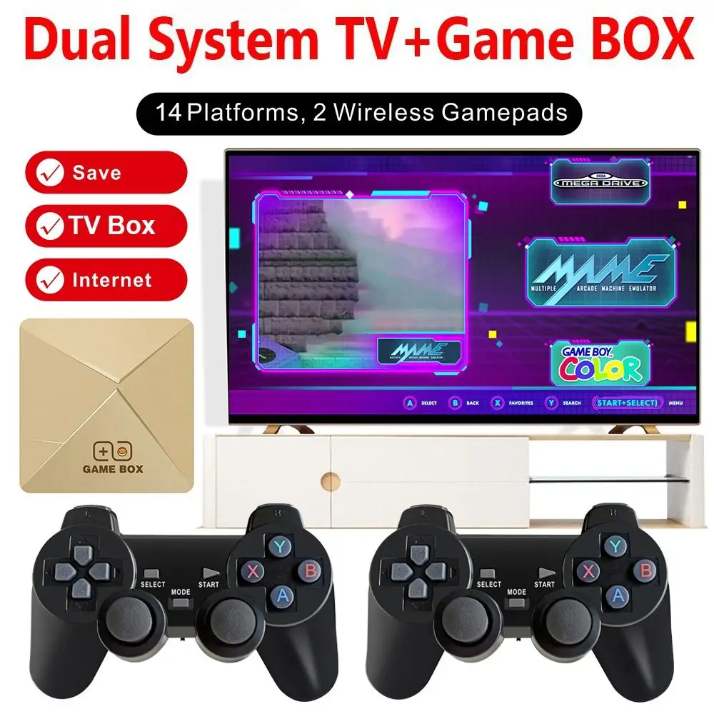 

New Android Smart Android TV Box Game Emulator Double System Wireless Controller Game Console 8K 10000 Games for PS1/GBA/GBC/MD