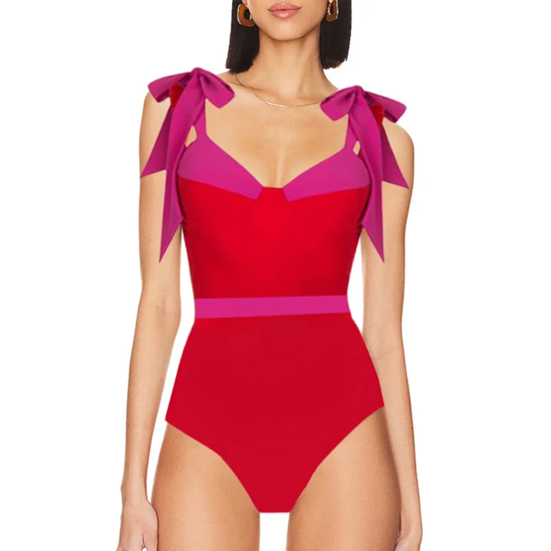 2024New Solid Color One-Piece Women's Swimsuit Set French Hot Spring Belly Covering Slimming Swimsuit Wholesale