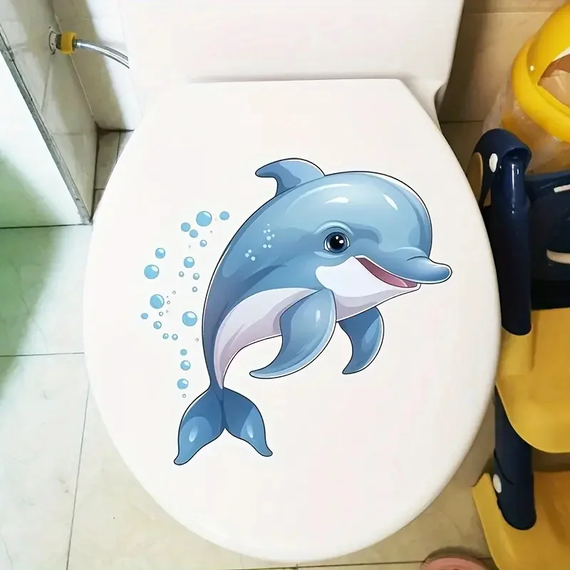 Blue Dolphin Self-Adhesive Removable Reusable PVC Wall Decal for Toilet Lid Bathroom Decor