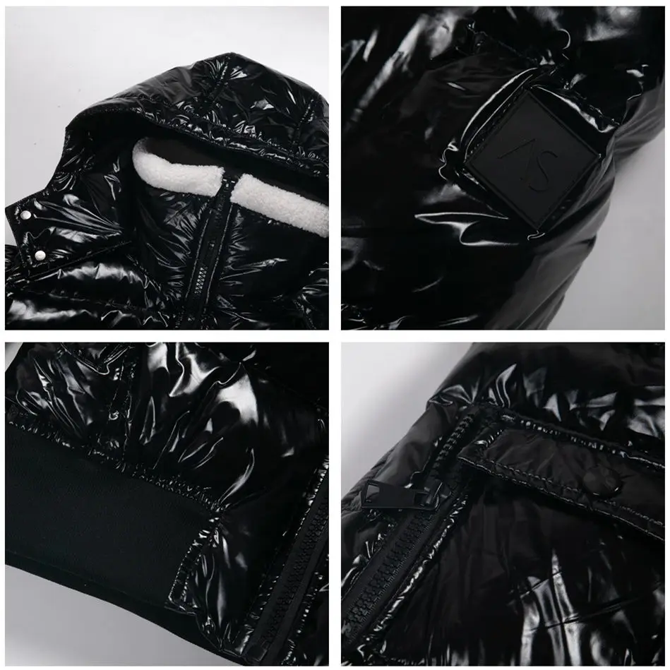 Winter Woman Duck Down Puffer Jacket Shearling Stand Collar Glossy and Matte Black