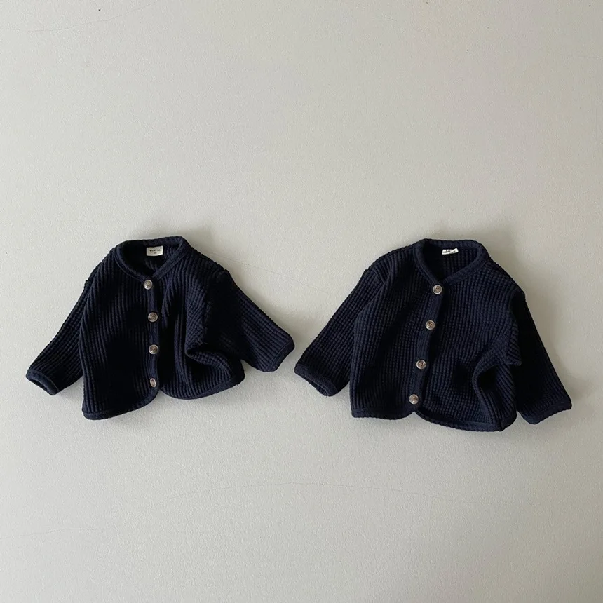 Korean Style Baby Cardigan Spring Autumn Solid Color Children's Thin Coat Waffle Base Shirt Tops Casual Jacket for Boys Girls