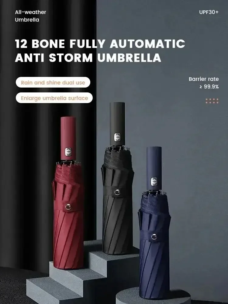 12 BONE FULLY AUTOMATIC ANTI STORM UMBRELLA Thick And Durable Keel Three Fold Umbrella UV Resistant Folding Umbrella