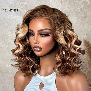 Ombre Highlight 4/27 Deep Wave Lace Front BOB Wigs Human Hair Pre Plucked 13x4 HD Wear And Go Short Curly Lace Frontal BOB Wigs 1