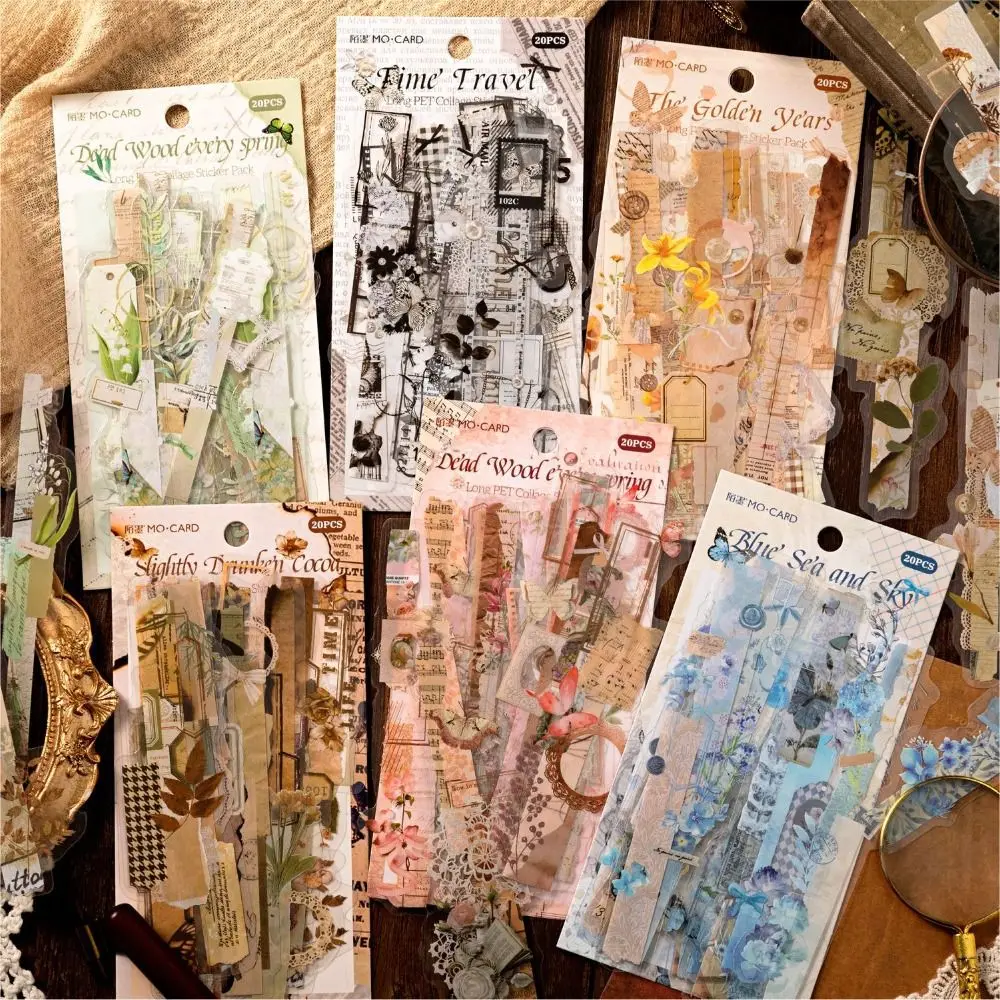 20Pcs Vintage Long Strip Stickers Scrapbooking Diary Album Decor PET Flowers Butterflies Plants DIY Handmade Journal Supplies