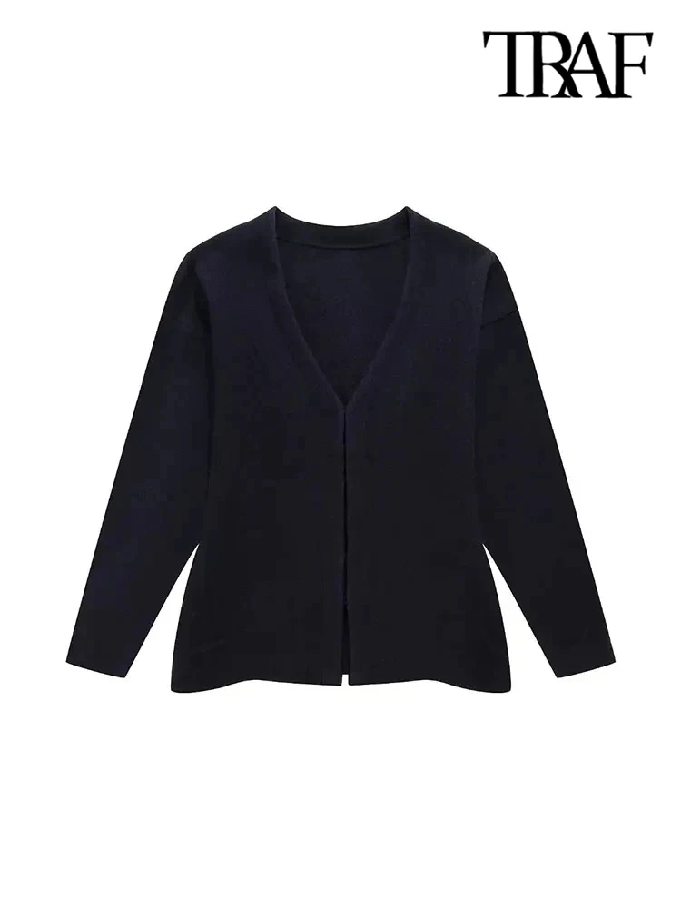 TRAF-Women's Front Hook Fitted Knit Cardigan Sweater, V Neck, Long Sleeves, Side Split Hem, Female Outerwear, Chic Tops, Fashion 5