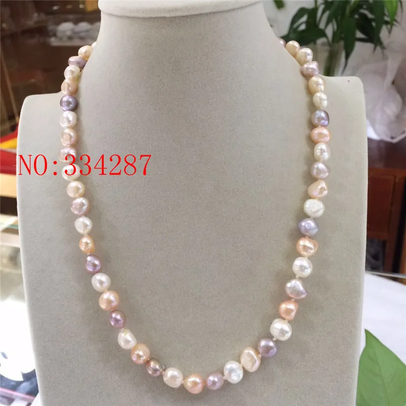 

New 8-9mm white +pink + purple baroque freshwater cultured pearl Necklace 19"