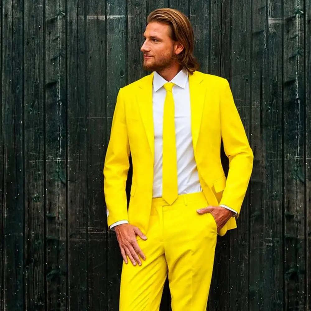 Custom Made Fashion Groom Terno Masculino 2 Pieces Yellow One Button Notch Lapel Smoking Mens Suits(Blazer+Pants)