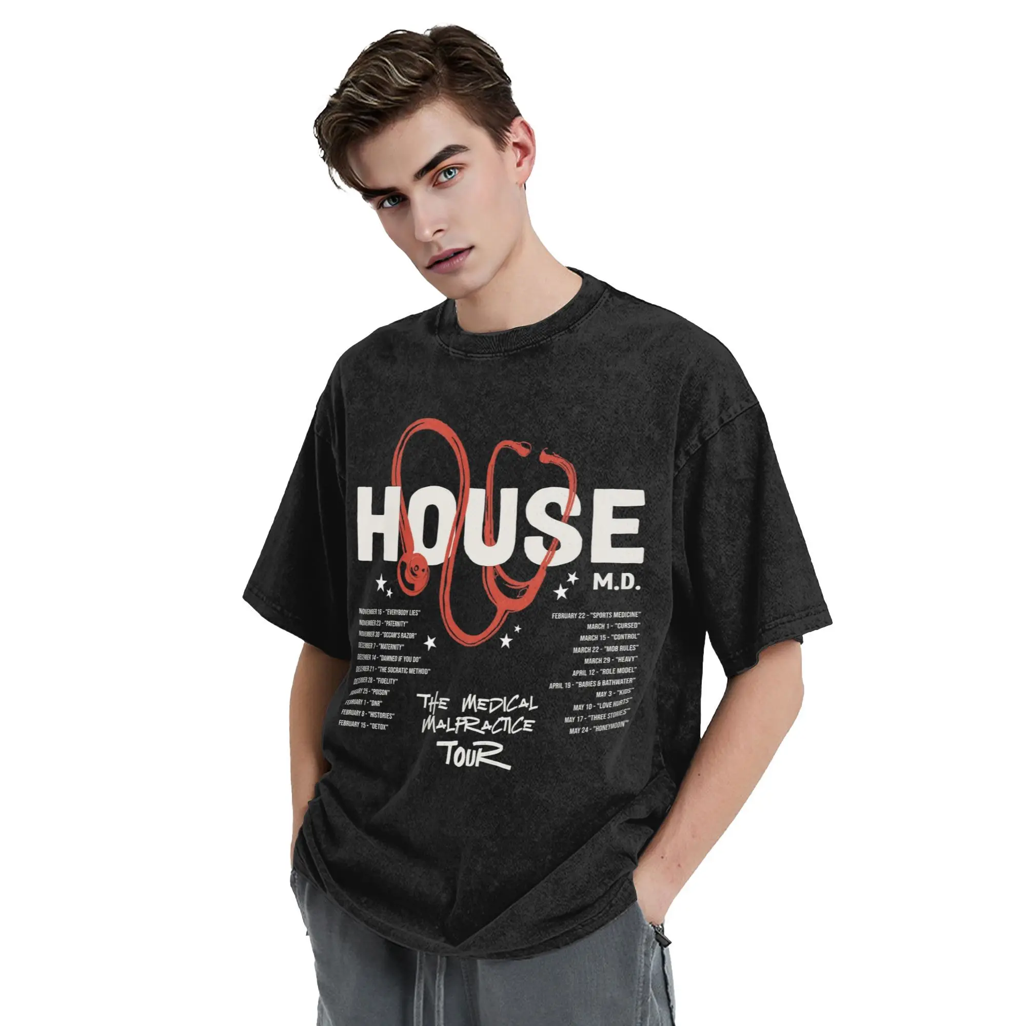 Dr Wilson House MD blaue Flammen Herren-T-Shirts, gewaschenes Humor-T-Shirt, kurzärmelige T-Shirts mit Rundhalsausschnitt, Sommerkleidung aus reiner Baumwolle – Detail 4
