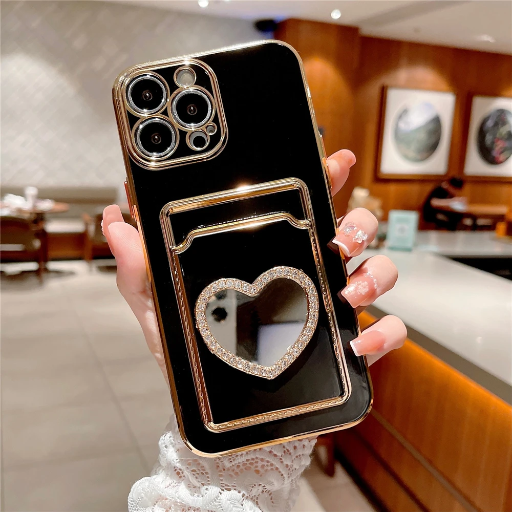 Phone Case iPhone Case Glitter Rhinestone Love Heart Mirror Plating Wallet Card Case For iPhone 16 15 14 13 11 12 Pro Max XS X 7 8 Plus Soft Slot Cover