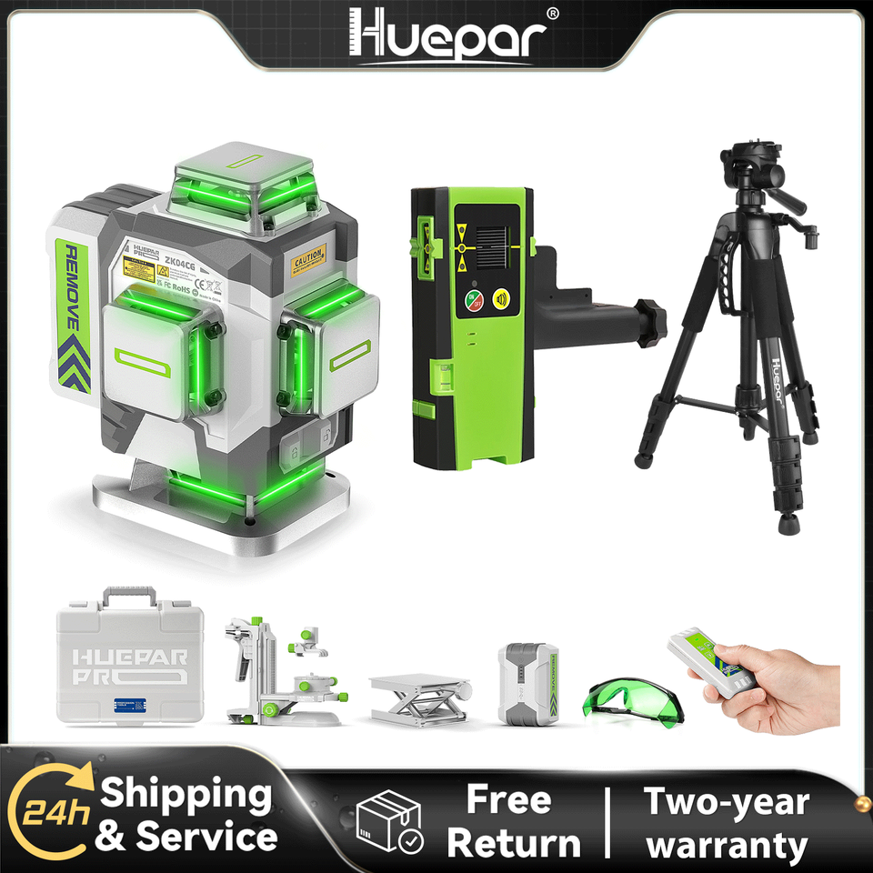 Huepar ZK04CG Set 4D High Precision Laser Level Â±2mm/10m Self-leveling Cross Line  Laser Tools With Tripod,Receiver,Rangefinder