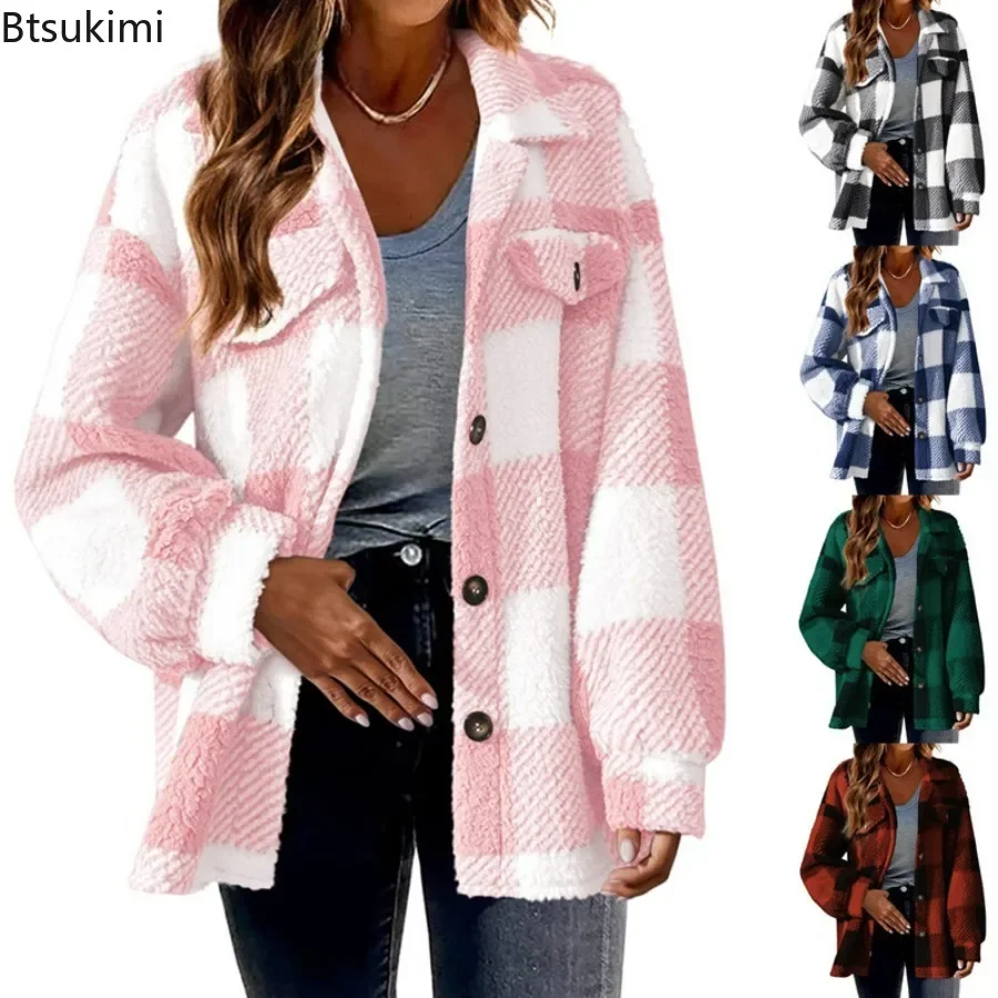 

New 2024 Autumn Winter Plaid Faux Fur Coat Women Checkered Thick Warm Jacket Women Furry Fluffy Teddy Jacket Plush Coat Ladies