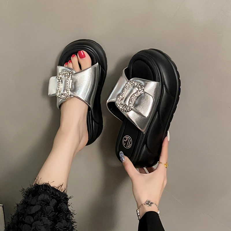 

7CM Heels Chunky Slippers Women Open Toe High Platform Leather Sandals Woman New Summer Thick Bottom Beach Crystal Flip Flops