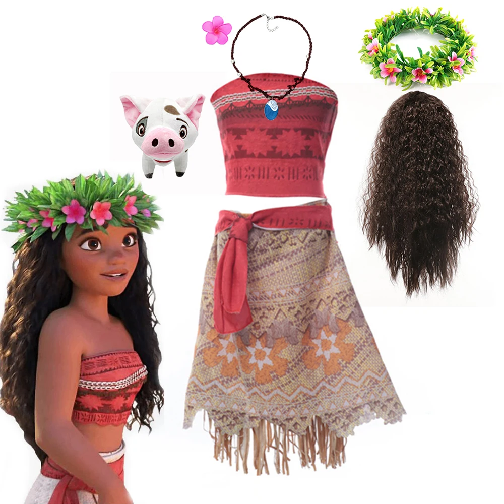 thumbnail image 2 of Disney-vestido de Moana para niñas, disfraz de princesa Vaiana con Collar, conjunto de pollitos de cerdo y mascota para fiesta de cumpleaños, 2 of 5