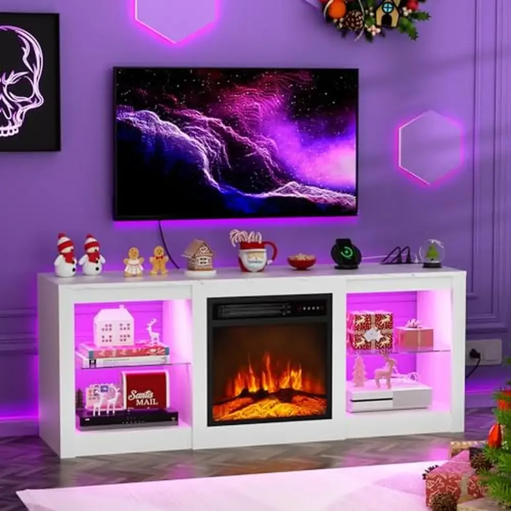 Electric Fireplace TV Stand 65'' TV Entertainment Center 18'' Fireplace Led Light Glass Shelves Adjustable Marble Top Outlet