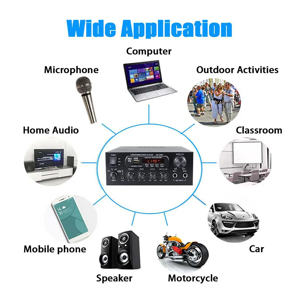 

2CH Amplificador 2x60W Bluetooth-Compatible5.0 Digital Audio Player 2 Mic Input LED Digital MP3 & FM Radio for Car Home Speaker