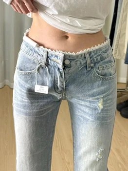 plus Size High Waist Blue Denim Jeans Women's Straight Leg Bootcut Pants Spring Summer Faion Retro American Sle